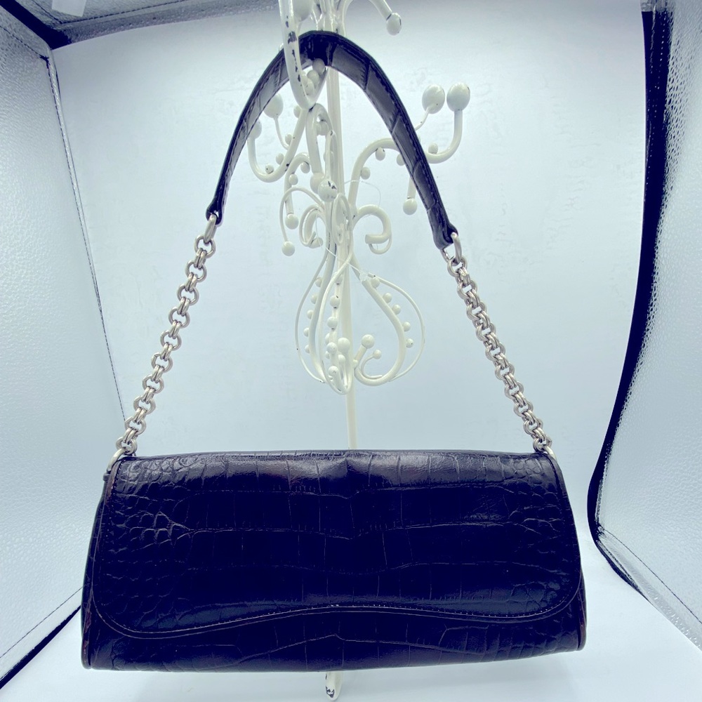 Ann Taylor Genuine Brown Leather Croc Embossed Clutch/Handbag 11”by5”by2” EUC - Picture 8 of 11